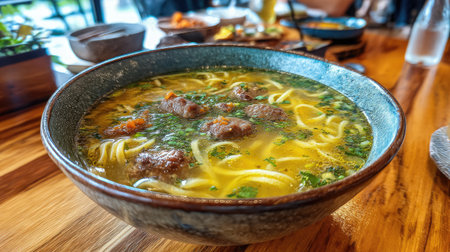 A steaming bowl of noodle soup featuring tender meatballs, garnished with fresh herbs and spices, perfect for a cozy meal experience.の素材