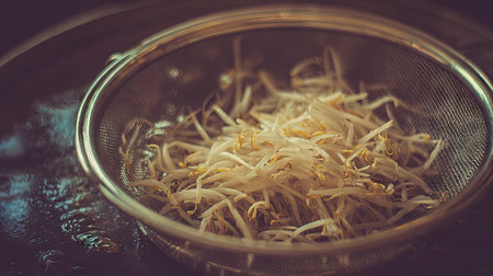A close-up image of fresh bean sprouts resting in a metal strainer, showcasing their vibrant texture and organic appeal in a dark kitchen setting.の素材