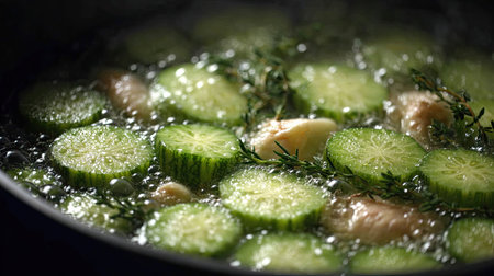 Fresh cucumber slices simmer with aromatic thyme in a pan, creating a vibrant and healthy cooking scene perfect for delightful meal preparation.の素材