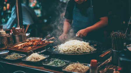 A chef skillfully stir-fries noodles in a bustling street food market, surrounded by fresh ingredients and aromatic flavors. The vibrant setting captures the essence of culinary tradition.の素材