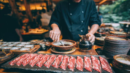 A skilled chef slices fresh meat beautifully in a rustic kitchen, showcasing colorful ingredients and an inviting dining atmosphere, perfect for culinary enthusiasts.の素材