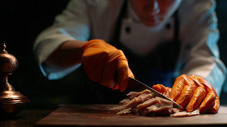 A skilled chef, clad in a professional outfit with orange gloves, meticulously slices fresh meat on a wooden board. The dim lighting adds a dramatic ambiance that highlights the chef's focus and culinary expertise in a cozy kitchen setting.の素材