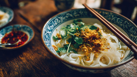 Experience the rich flavors of a steaming bowl of Vietnamese noodle soup, topped with fresh herbs and spices, beautifully presented on a rustic table.の素材