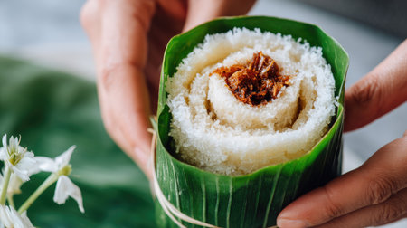 A close-up view of a traditional Asian dessert handcrafted with coconut and wrapped in green leaves, showcasing its vibrant layers and enticing texture.の素材