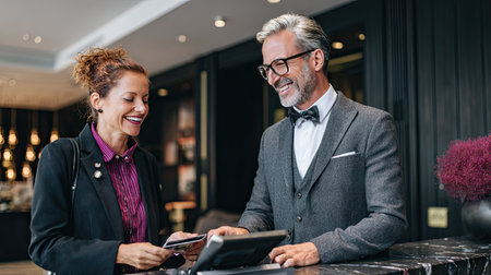 A warm and professional interaction unfolds at a hotel reception as a smiling guest checks in with the attentive staff, showcasing hospitality excellence.の素材