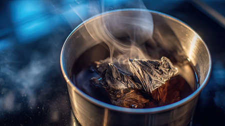 A close-up of a silver pot containing charred wood pieces, producing wisps of steam and smoke. The scene evokes warmth and culinary creativity.の素材