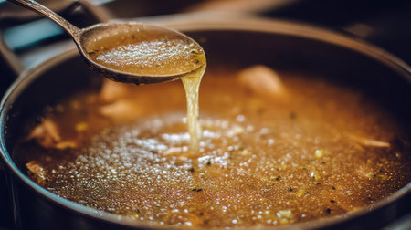 Warm and savory broth poured from a spoon showcases a rich texture and aroma, highlighting the essence of home-cooked meals and culinary pleasure.の素材