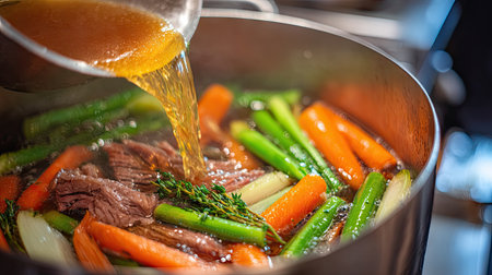 A vibrant scene capturing the process of pouring rich broth into a pot filled with fresh vegetables and tender meat, highlighting the essence of home cooking.の素材