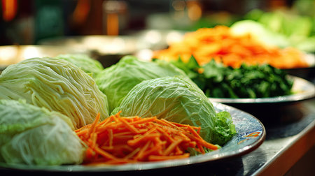 A vibrant display of freshly prepared vegetables including crisp cabbage, bright carrots, and assorted greens arranged on a plate, showcasing culinary artistry and healthy eating.の素材
