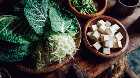 A vibrant arrangement of fresh cabbage leaves, cubed tofu, and fragrant herbs on a rustic wooden table. Ideal for cooking enthusiasts!の素材