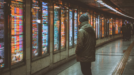 A solitary figure stands in an urban subway station, captivated by vibrant illuminated displays that provide information and options, enhancing the travel experience.の素材