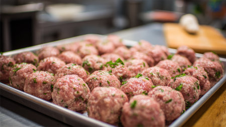 A vibrant display of freshly prepared meatballs on a baking tray showcases culinary preparation in a professional kitchen, emphasizing fresh ingredients and culinary art.の素材