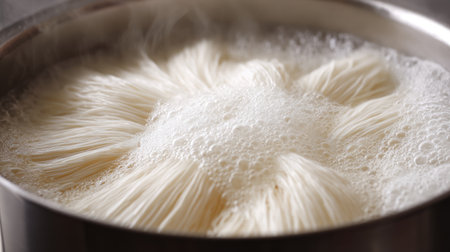 Close-up of rice noodles cooking in boiling water, showcasing the texture and bubbles, perfect for Asian cuisine recipes and culinary visuals.の素材