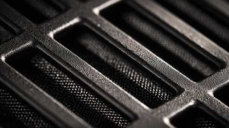 This close-up image showcases a textured black surface featuring geometric patterns. Subtle light reflections highlight the design, creating an elegant and modern aesthetic.の素材