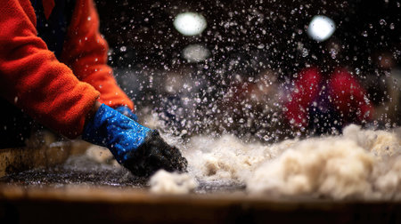 A skilled artisan processes raw wool, creating dynamic water splashes in a vibrant workshop. The scene captures the essence of craftsmanship and creativity.の素材