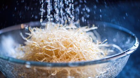 Freshly shredded vegetables glisten in a clear bowl as water droplets cascade over them, creating a vibrant and appealing culinary scene.の素材