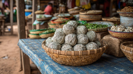 A wooden table adorned with a basket full of neatly arranged yarn balls, capturing the essence of a bustling marketplace filled with fresh produce.の素材