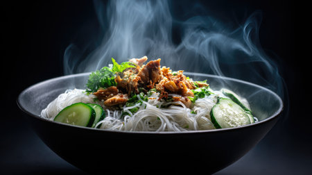 A captivating image of a steaming bowl of rice noodles topped with tender chicken and fresh vegetables, showcasing warmth and culinary delight.の素材
