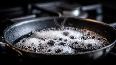 A captivating close-up shot of bubbles forming in a black frying pan, revealing steam rising on a modern stovetop, perfect for culinary visuals.の素材