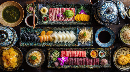 Discover a vibrant arrangement of exquisite Japanese dishes, featuring sushi, sashimi, and garnishes in a traditional setting, appealing to food lovers.の素材