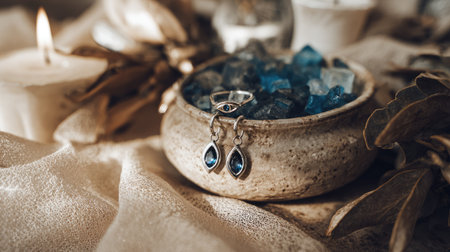 Stunning display of elegant silver jewelry featuring intricate ring and earrings nestled in a decorative dish filled with blue crystals, illuminated by soft candlelight.の素材