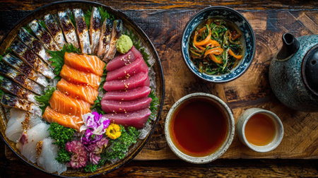 A beautiful assortment of sushi and sashimi, elegantly presented on a wooden platter. Includes vibrant garnishes, tea, and a traditional aesthetic.の素材