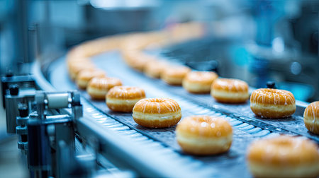 A vibrant image showcasing freshly glazed doughnuts moving along a conveyor belt in a bustling bakery environment, highlighting production and quality.の素材