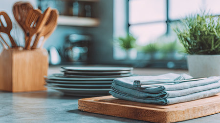 A inviting kitchen scene featuring neatly arranged utensils, plates, and napkins on a stylish countertop, enhanced by natural light and greenery.の素材