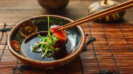 A vibrant sushi slice elegantly held by chopsticks, dipped in rich soy sauce, showcases culinary artfulness, freshness, and shared dining moments.の素材