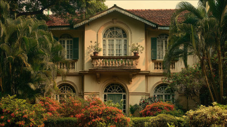 This captivating image features a classic house adorned with lush greenery and colorful flowers, creating a serene garden atmosphere. The vibrant colors and elegant architecture invite tranquility and charm, making it a perfect representation of beauty in residential spaces.の素材