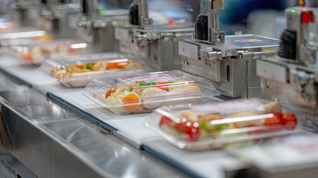 A modern assembly line showcasing packaged food items ready for distribution. This image highlights the efficiency of food production in an industrial setting.の素材
