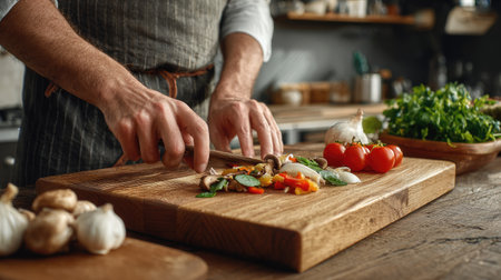 A chef skillfully slices fresh vegetables and herbs on a wooden cutting board in a modern kitchen, highlighting vibrant colors and healthy ingredients.の素材