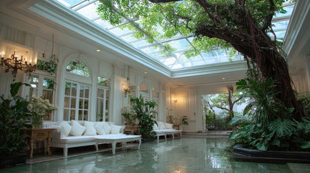 A tranquil indoor garden featuring large windows to let in natural light, elegant white furnishings, and vibrant greenery, creating a serene atmosphere.の素材