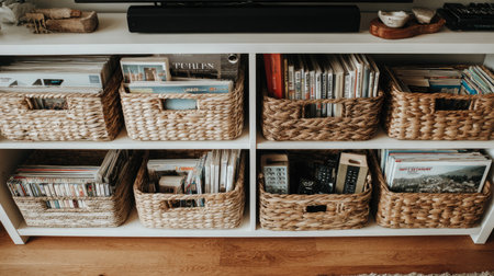 This image showcases neatly organized storage baskets filled with books and magazines within a modern living room setting, emphasizing functionality and style.の素材