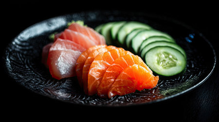 A vibrant sushi platter featuring fresh salmon slices paired with crisp cucumber, elegantly arranged on a textured black plate, perfect for food lovers.の素材