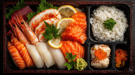 This vibrant sushi platter showcases an assortment of fresh seafood, accompanied by rice and garnishes, ideal for any dining experience.の素材