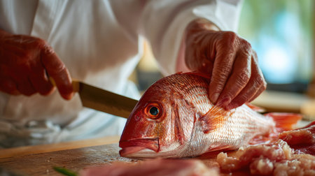 A skilled chef delicately prepares a fresh red snapper in a rustic kitchen. The image captures the artistry of culinary preparation, highlighting the vibrant colors and textures. Natural light enhances the scene, showcasing the skill and passion involved in creating a gourmet seafood dish.の素材