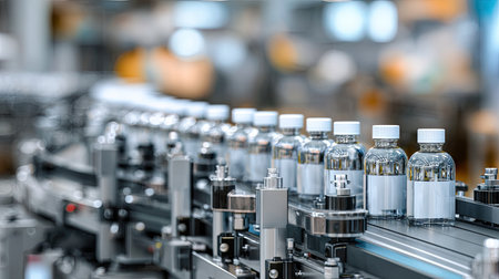 Close-up view of glass bottles moving along a sleek conveyor in a modern pharmaceutical manufacturing facility, showcasing advanced production technology and quality control processes.の素材