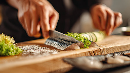 A talented chef shows expertise in preparing delicious dishes by skillfully slicing fresh fish and green onions on a wooden cutting board.の素材