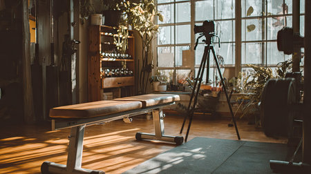 A bright gym interior filled with natural light, features a bench and dumbbells, with a camera set up for fitness photography, creating a motivating atmosphere.の素材