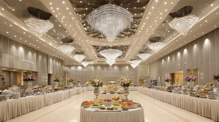 This elegant banquet hall features stunning chandeliers and a lavish buffet setup, creating an inviting atmosphere for celebrations and events.の素材
