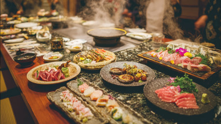 This captivating image showcases an elegant array of meticulously prepared Japanese dishes featuring sushi, sashimi, grilled meats, and fresh ingredients.の素材