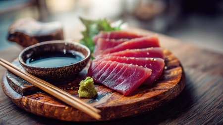 An exquisite presentation of fresh tuna sashimi served on a rustic wooden plate alongside soy sauce and wasabi, showcasing culinary elegance and vibrant colors.の素材