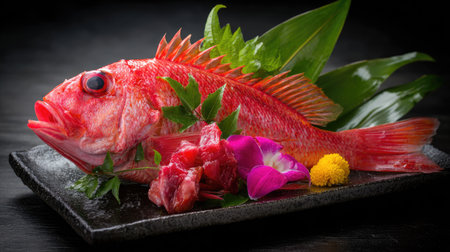 This striking image showcases a vibrant red fish beautifully arranged on a slate plate. Surrounded by fresh herbs and colorful garnishes, it highlights the artistry of culinary presentation in seafood dishes. Perfect for food enthusiasts and chefs.の素材