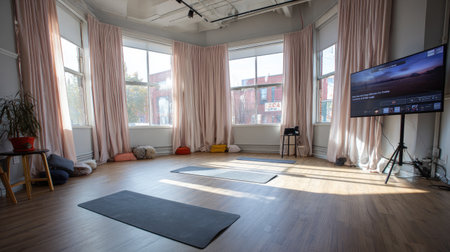 Bright and inviting yoga studio showcasing mats, natural light, and a calming ambiance. Perfect for yoga classes, meditation sessions, or wellness retreats.の素材