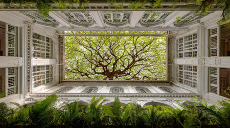 This captivating photograph captures the stunning view of a lush tree canopy framed by an elegant architectural structure. The image highlights the serene coexistence of nature and design, showcasing vibrant greenery and intricate details.の素材