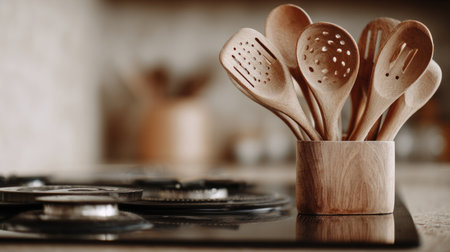 A collection of wooden cooking utensils elegantly displayed in a natural wooden holder on a kitchen counter. The stove surface adds a modern touch to the cozy kitchen atmosphere, showcasing the harmony of functionality and design.の素材