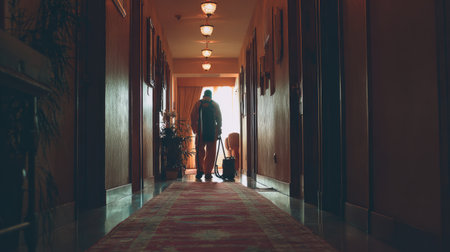 A housekeeper stands at the end of a hotel corridor, preparing to clean with a vacuum. The long hallway is well-lit, showcasing a neat and organized space.の素材