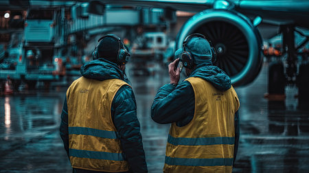 Two ground crew members in reflective safety vests stand near an aircraft, engaging in communication amid rainy weather at the airport.の素材