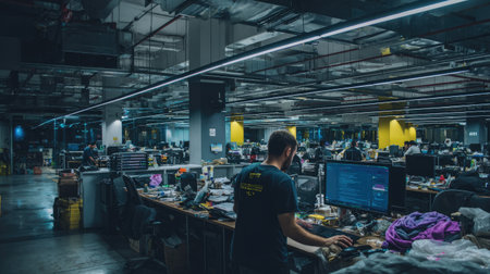 A modern office environment showcases an employee focused on computer work amid a cluttered workspace and dim lighting, highlighting productivity and technology.の素材